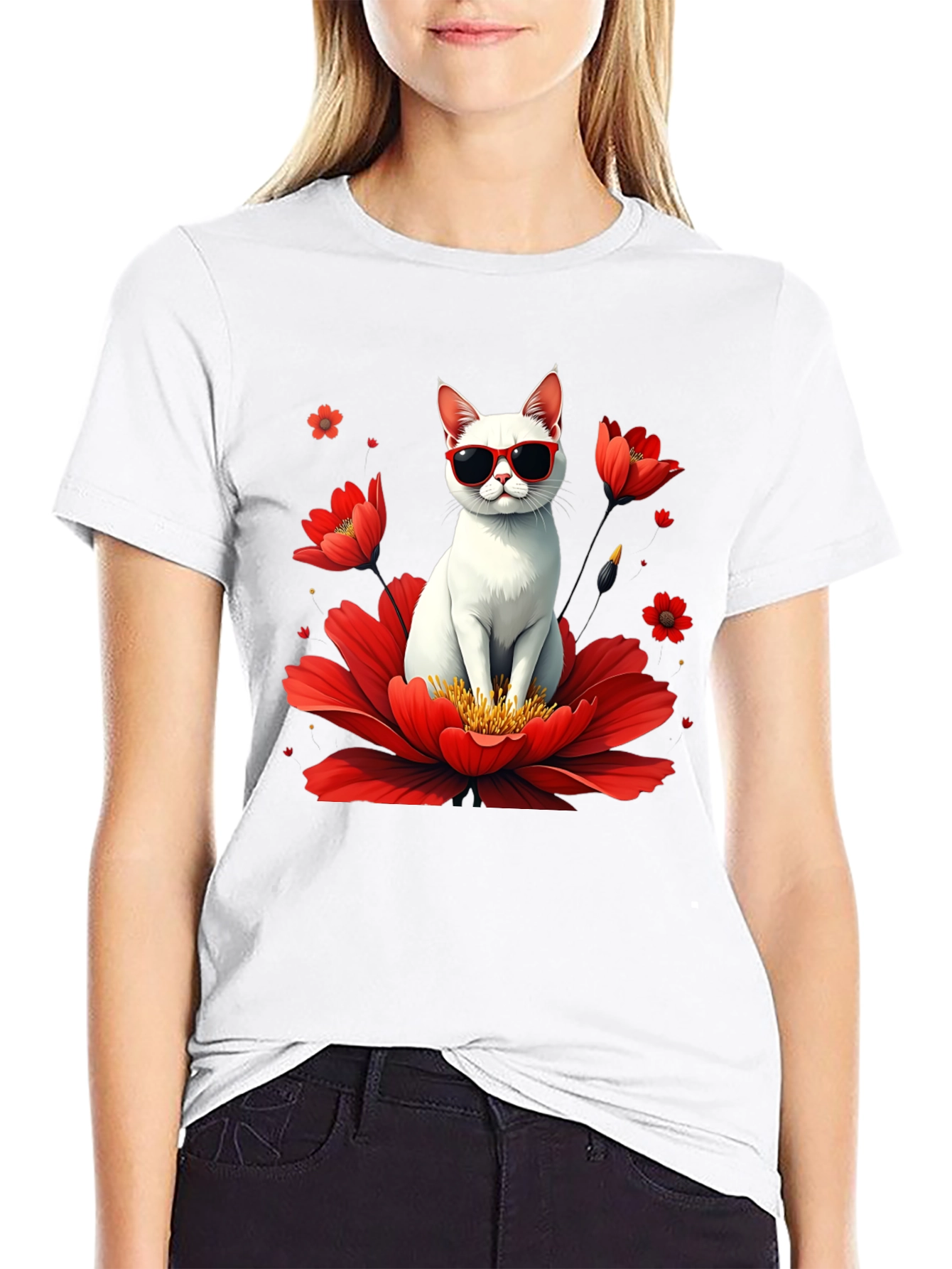 Cool Cat in Flower T-Shirt - Stylish & Fun