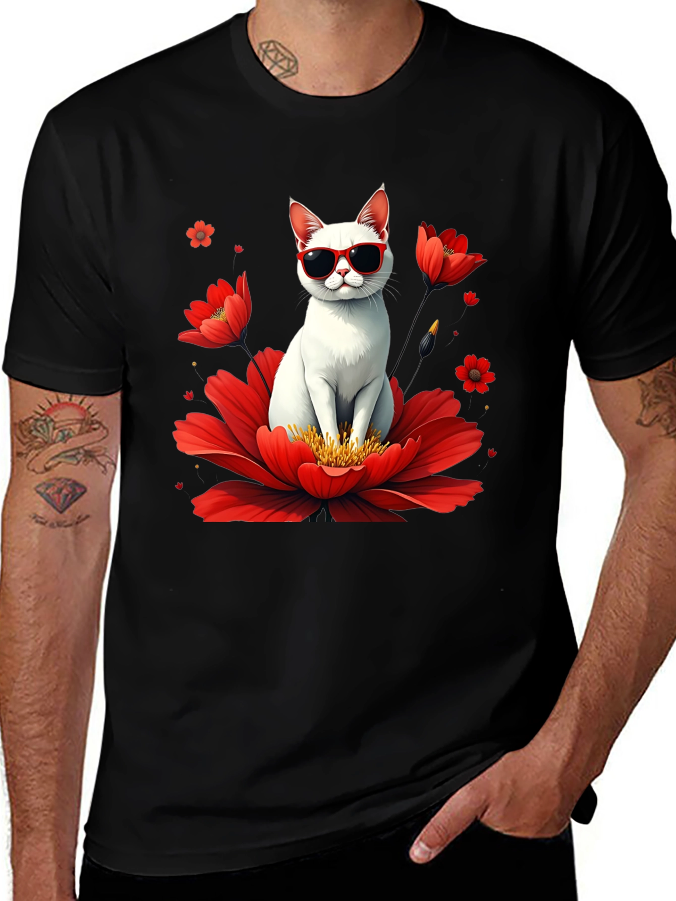 Cool Cat in Flower T-Shirt - Stylish & Fun