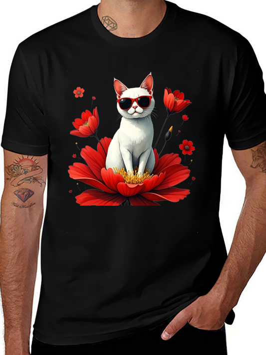 Cool Cat in Flower T-Shirt - Stylish & Fun