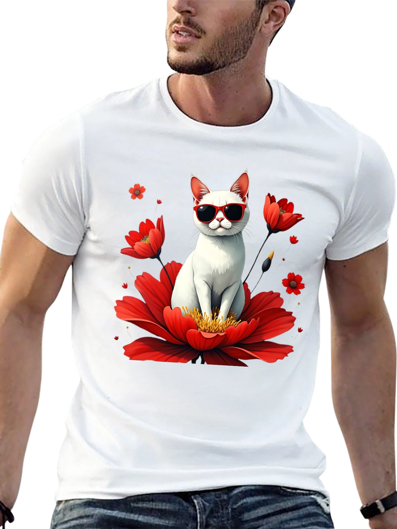 Cool Cat in Flower T-Shirt - Stylish & Fun
