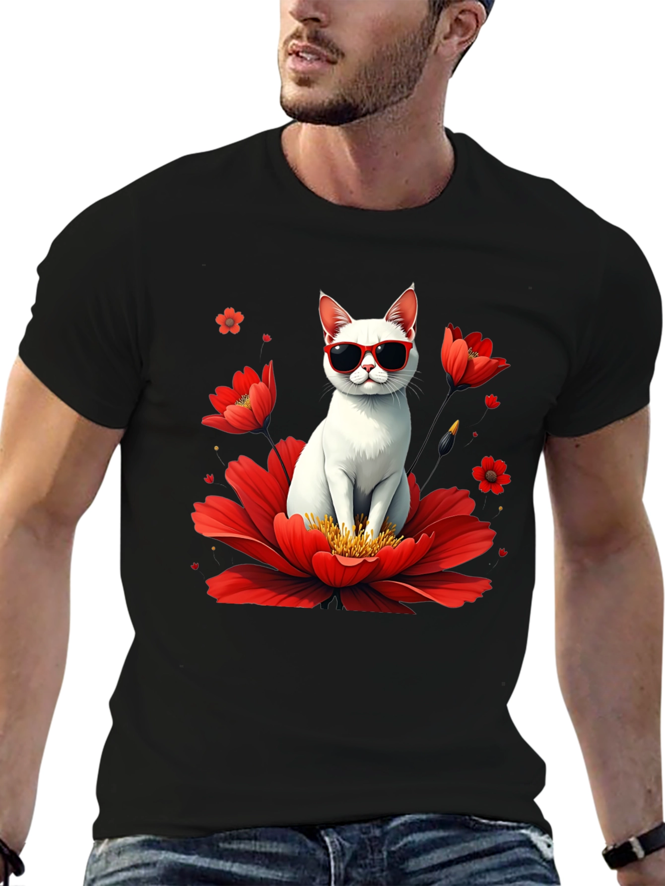 Cool Cat in Flower T-Shirt - Stylish & Fun