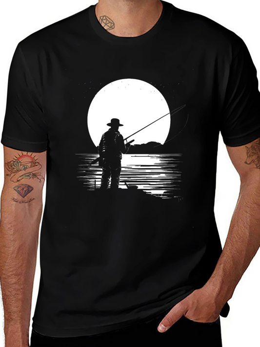 Fisherman Silhouette Graphic Tee - Night Fishing Shirt