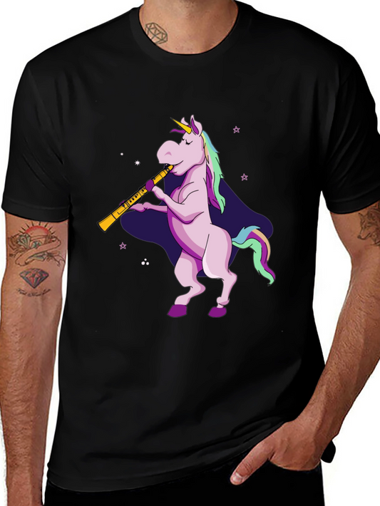 Unicorn Playing Flute Graphic Tee - Black Cotton Shirt