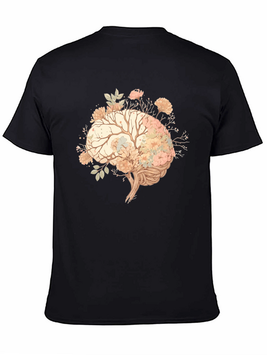 Floral Brain Graphic Tee - Black Cotton T-Shirt