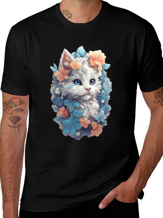 Floral Cat Graphic T-Shirt - Soft Cotton Blend