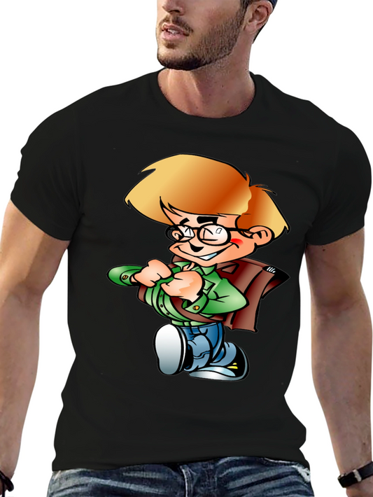 Cartoon Boy Graphic Tee - Black Cotton Shirt