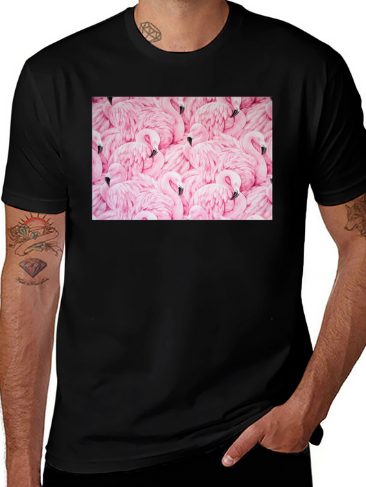 Flamingo Pattern Black Cotton T-Shirt