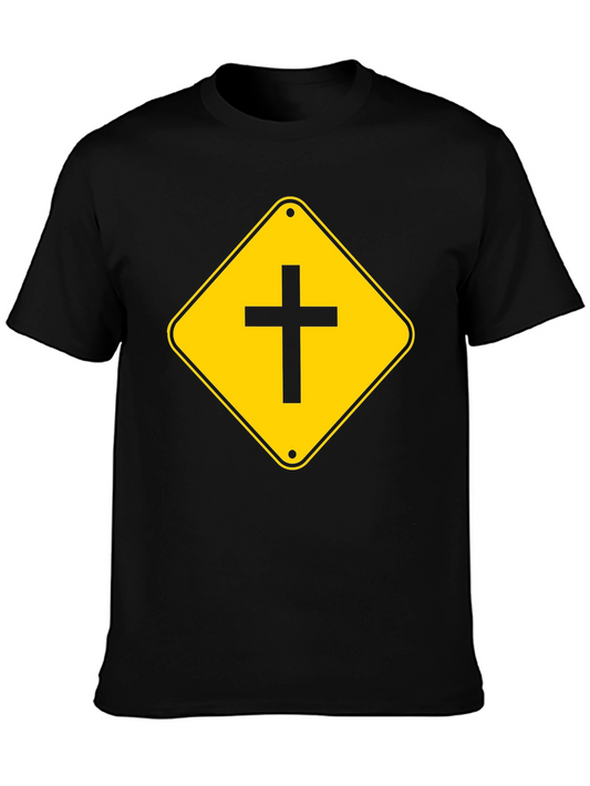 Christian Cross Road Sign Black T-Shirt