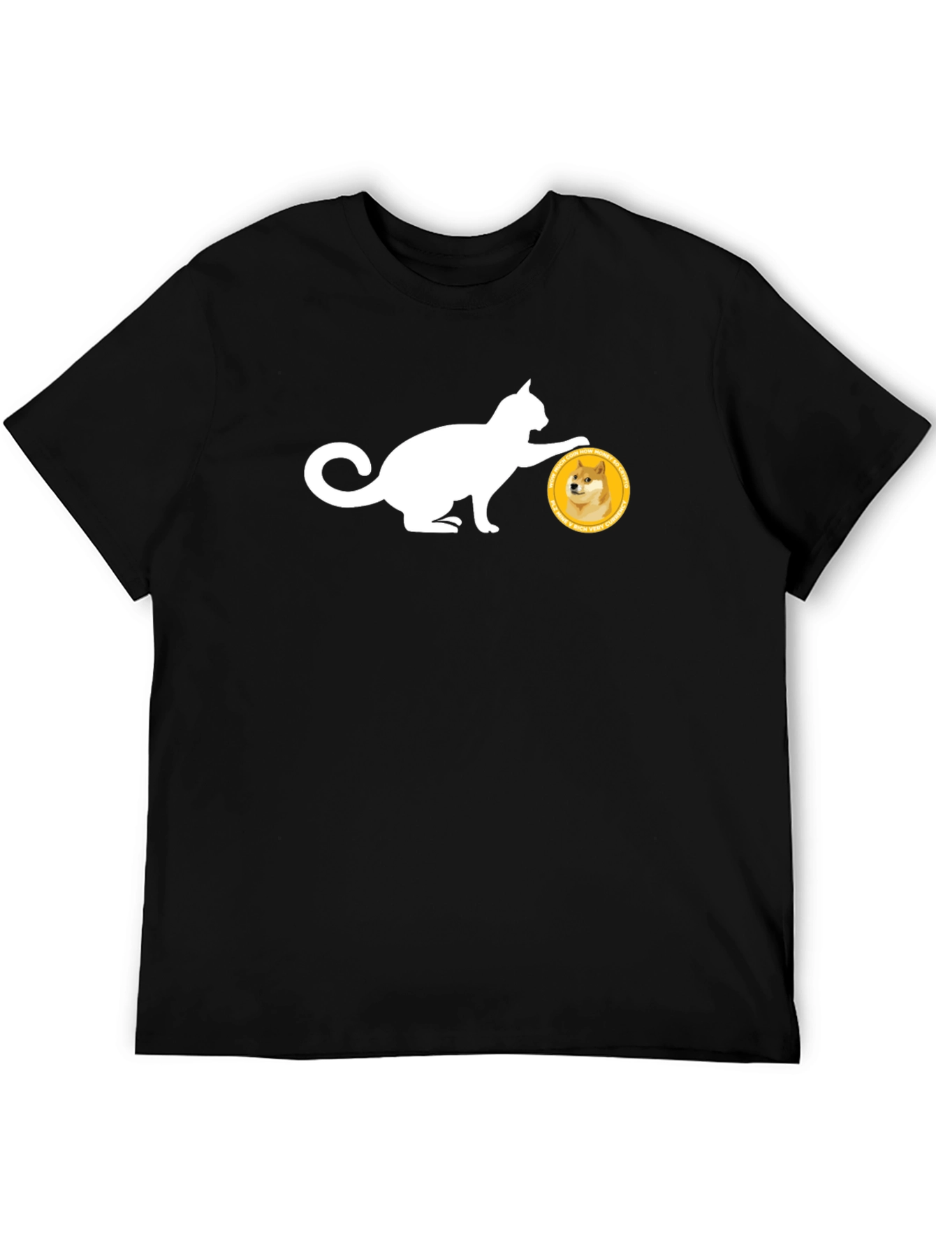 Cat Pushing Doge Coin Black T-Shirt