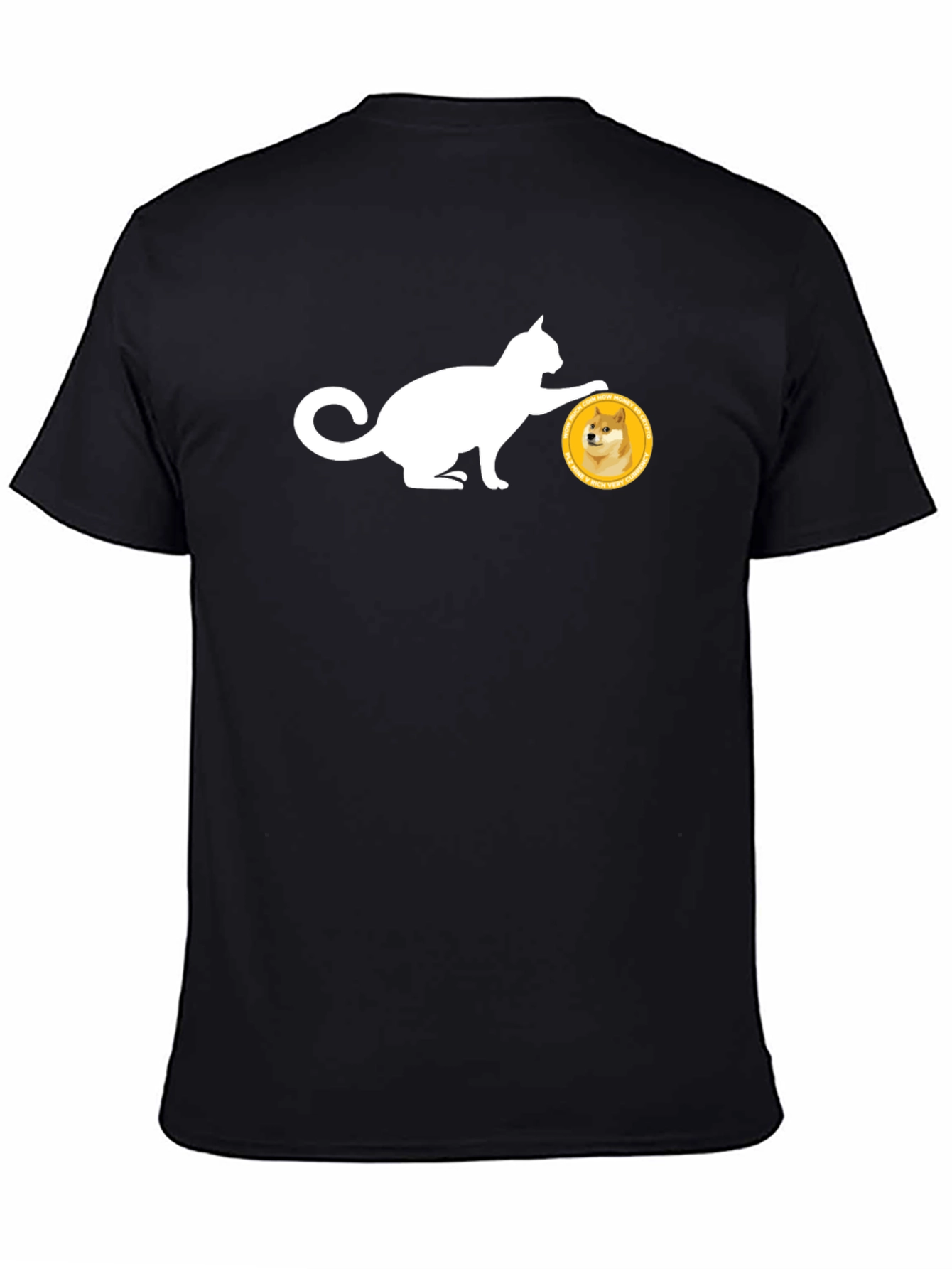 Cat Pushing Doge Coin Black T-Shirt