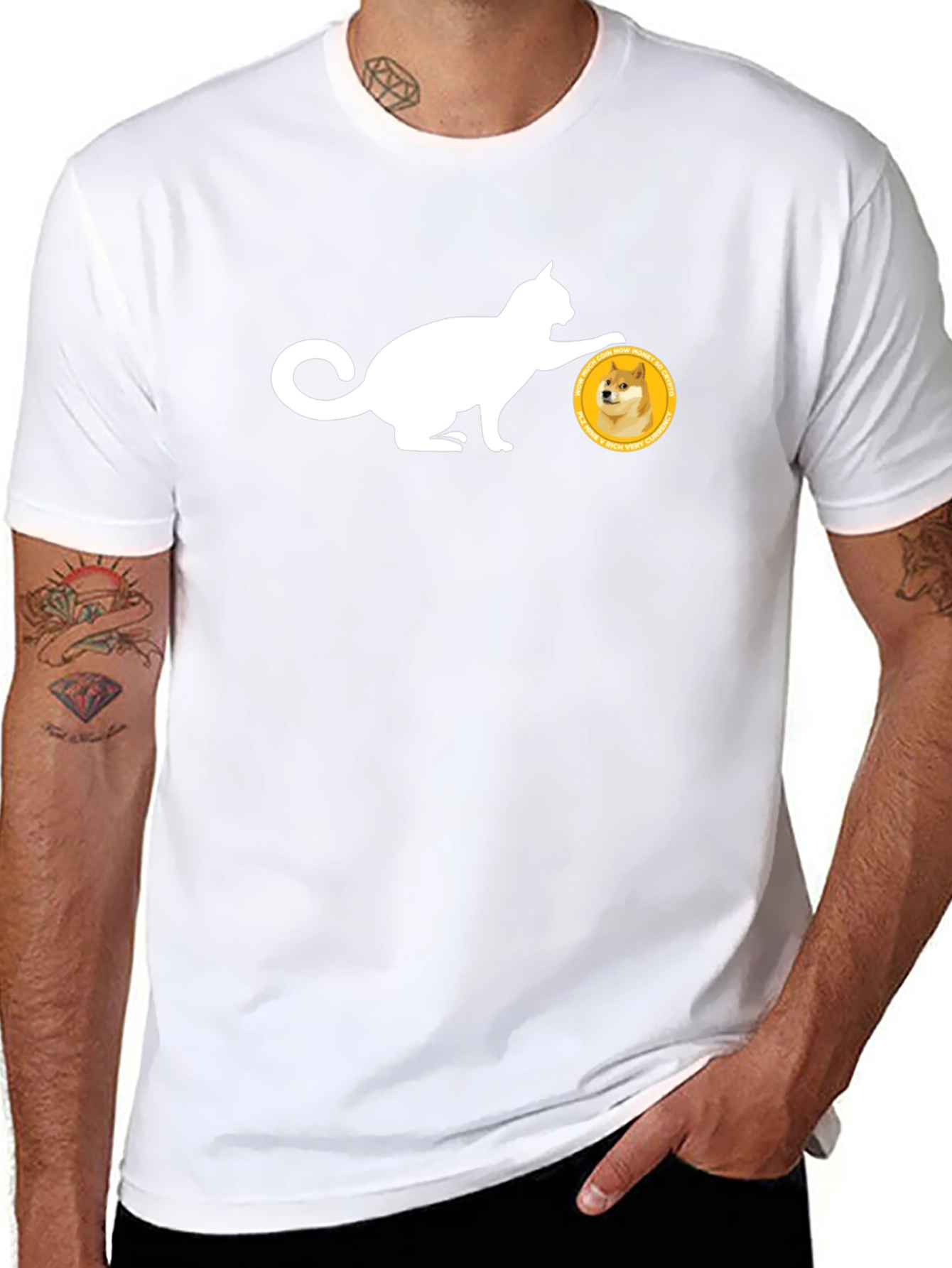Cat Pushing Doge Coin Black T-Shirt