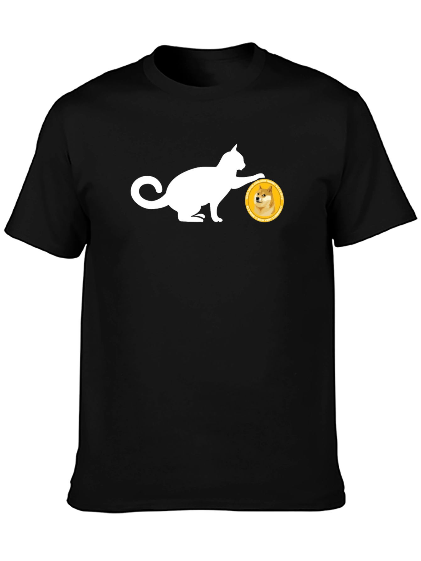Cat Pushing Doge Coin Black T-Shirt
