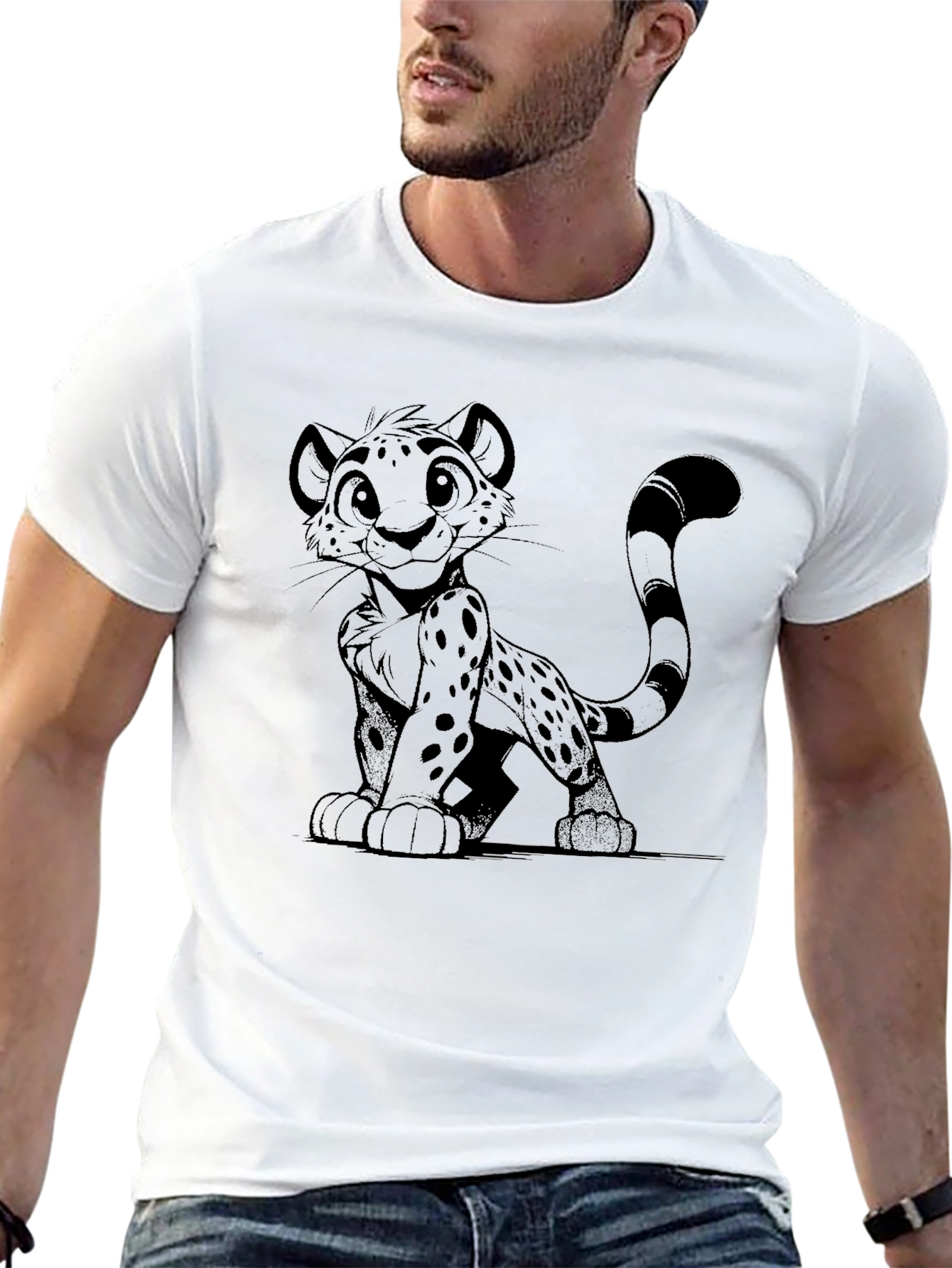 Black T-Shirt with Cheetah Cartoon Design