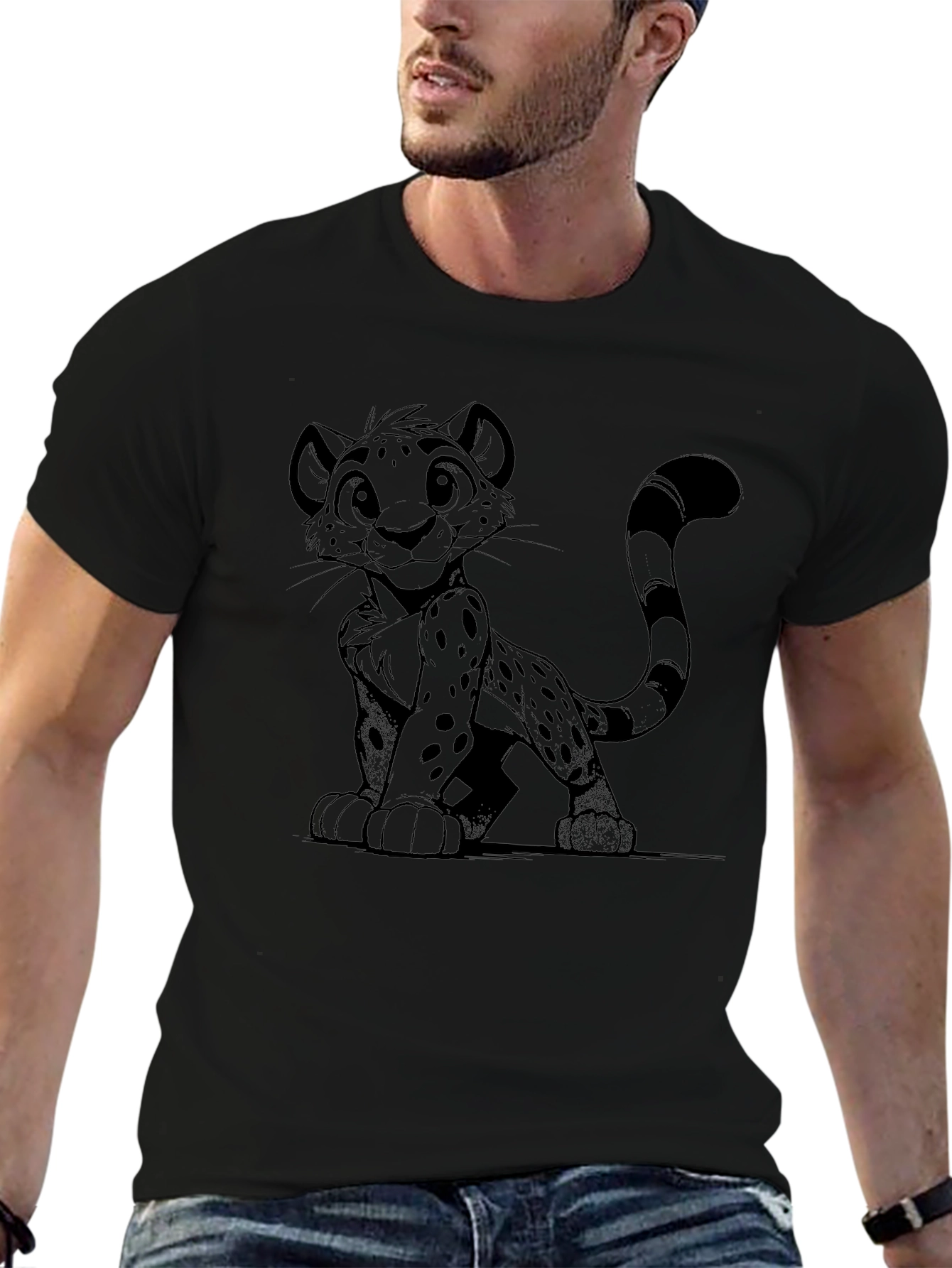 Black T-Shirt with Cheetah Cartoon Design