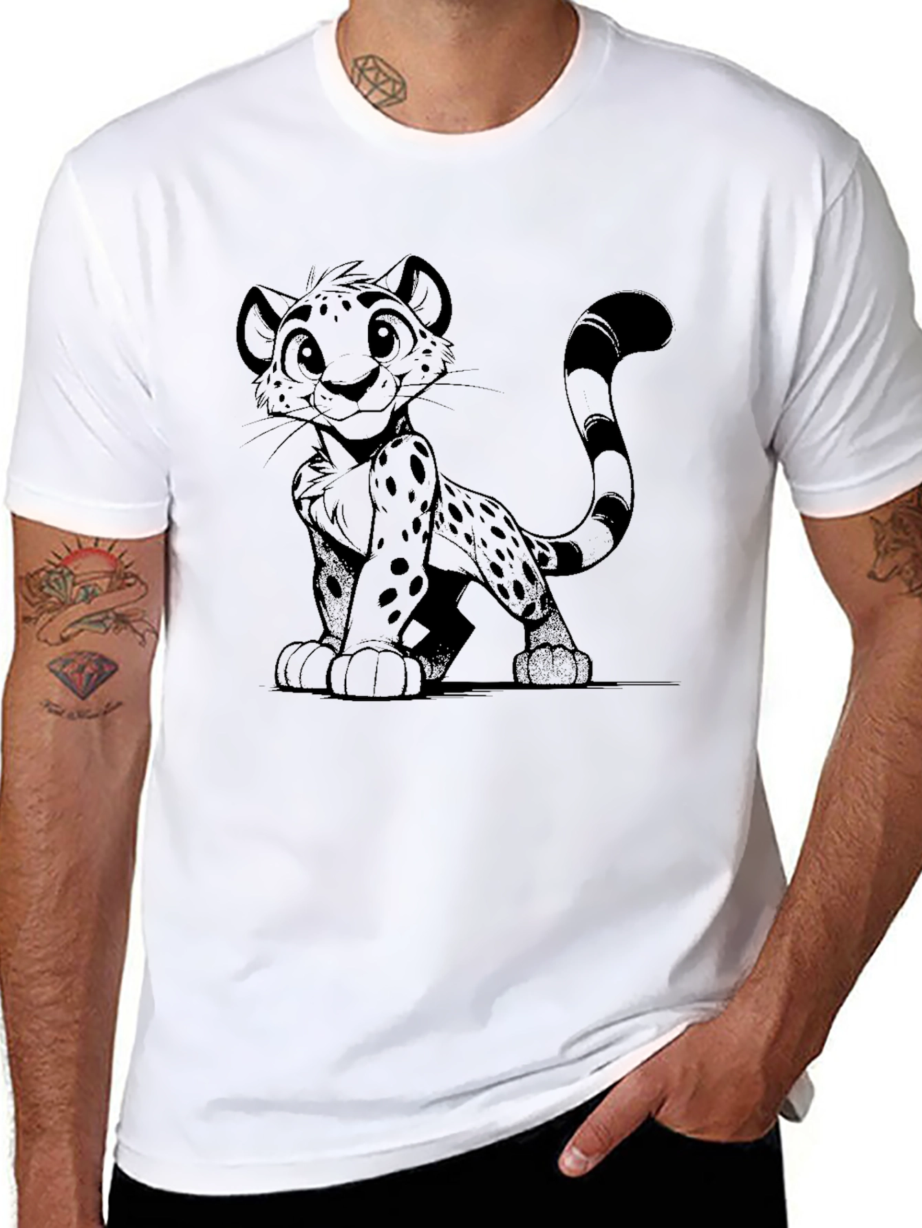 Black T-Shirt with Cheetah Cartoon Design