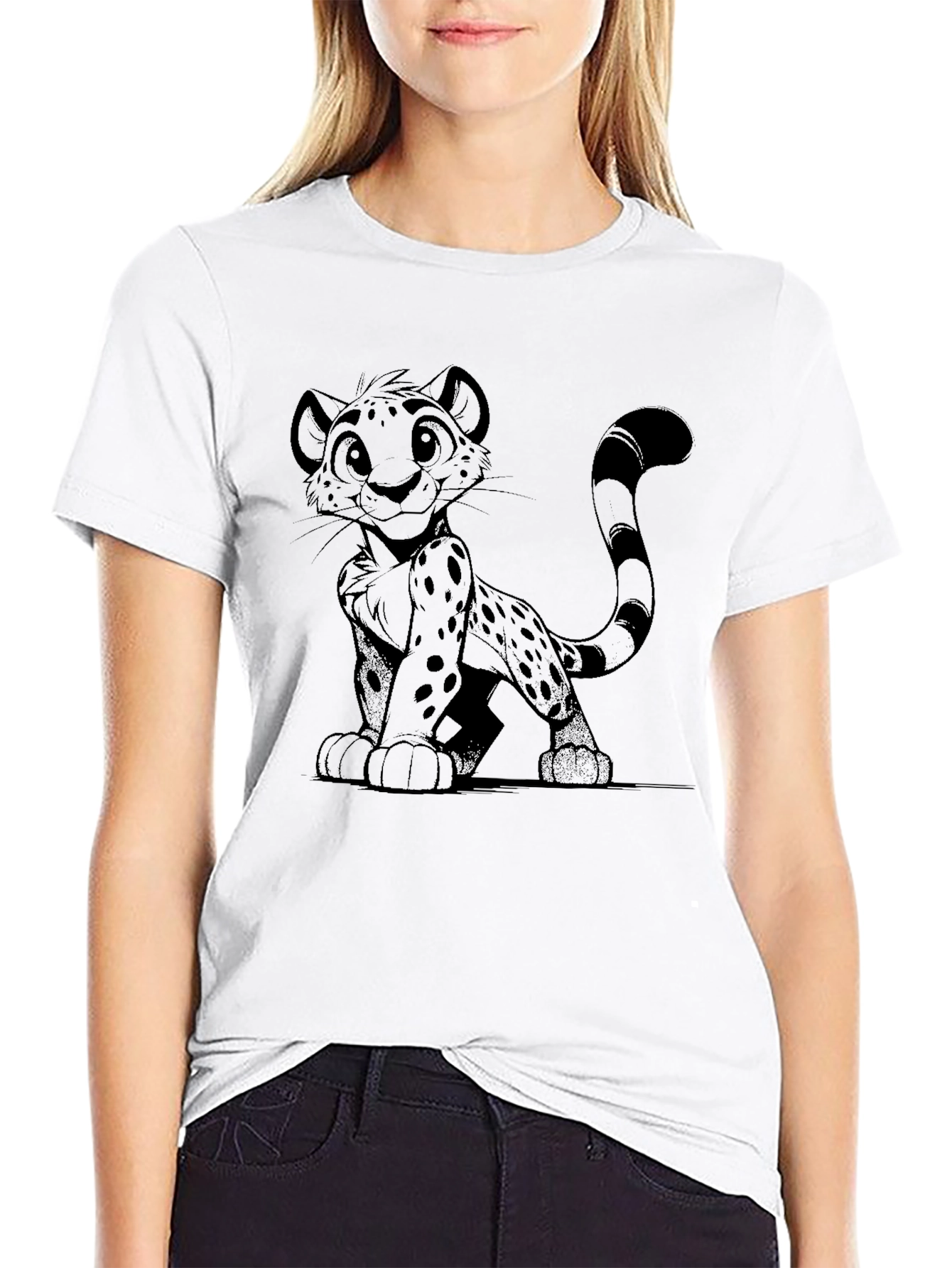 Black T-Shirt with Cheetah Cartoon Design