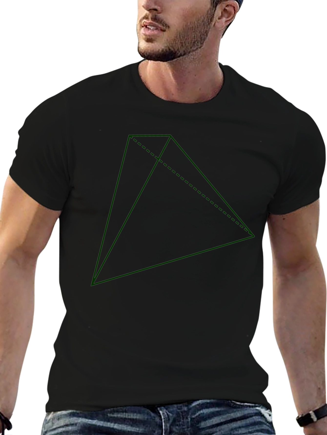 Geometric Green Triangle Graphic Black T-Shirt