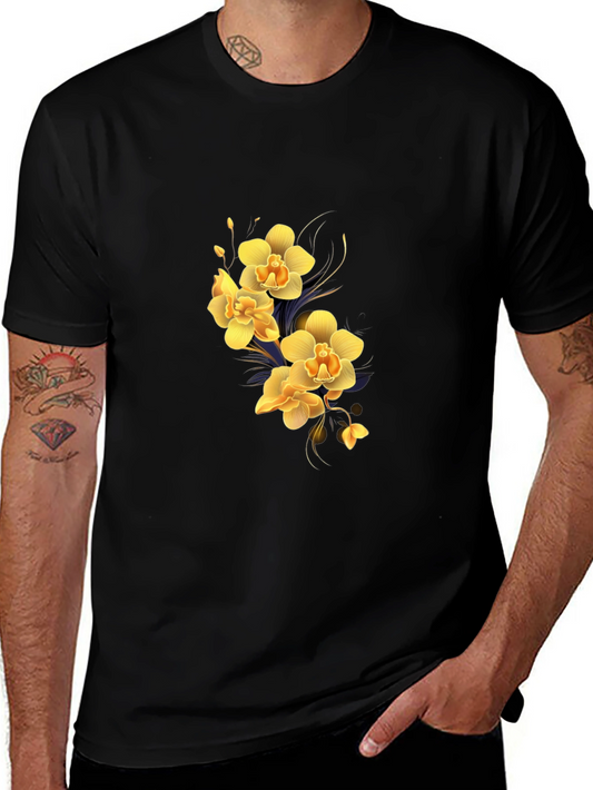 Floral Orchid Graphic Tee - Stylish Black T-Shirt