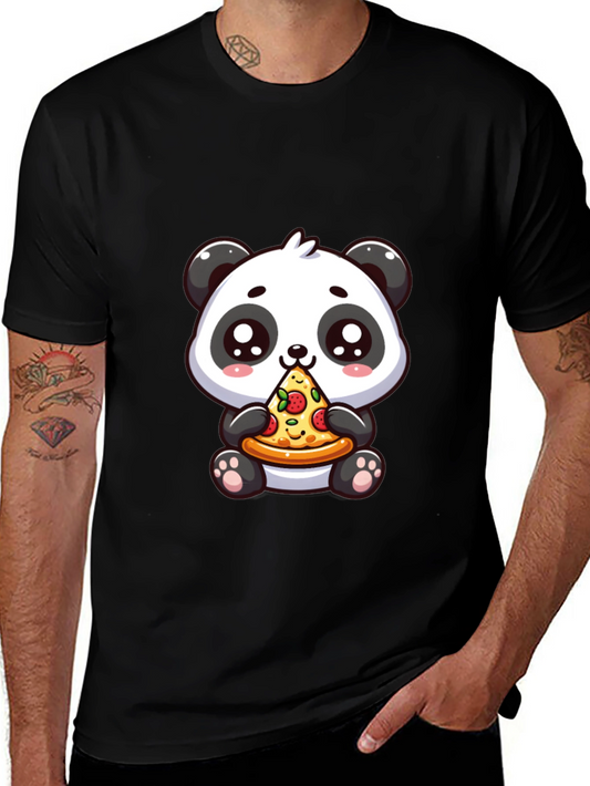 Cute Panda Pizza Graphic Black T-Shirt