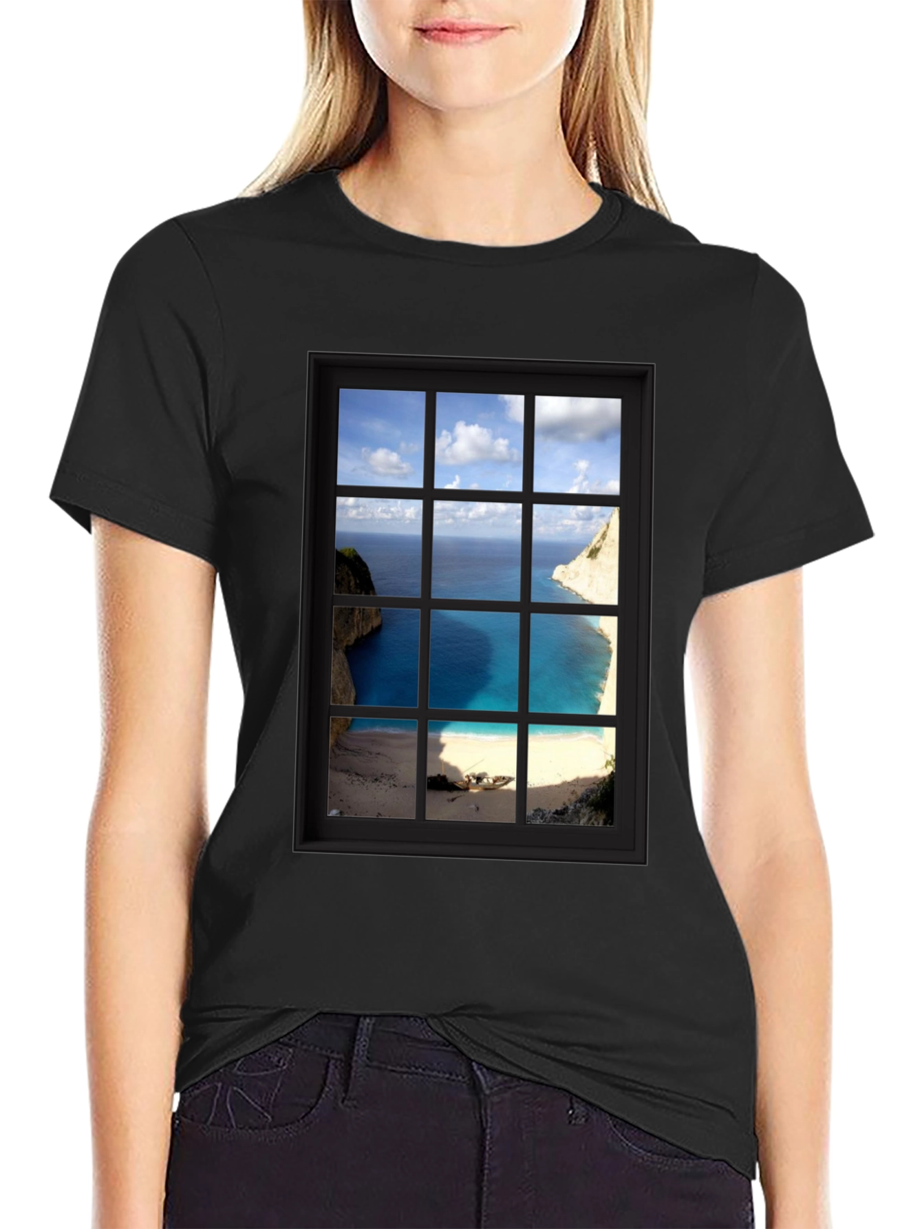 Coastal View Window Graphic Tee - Black Cotton T-Shirt