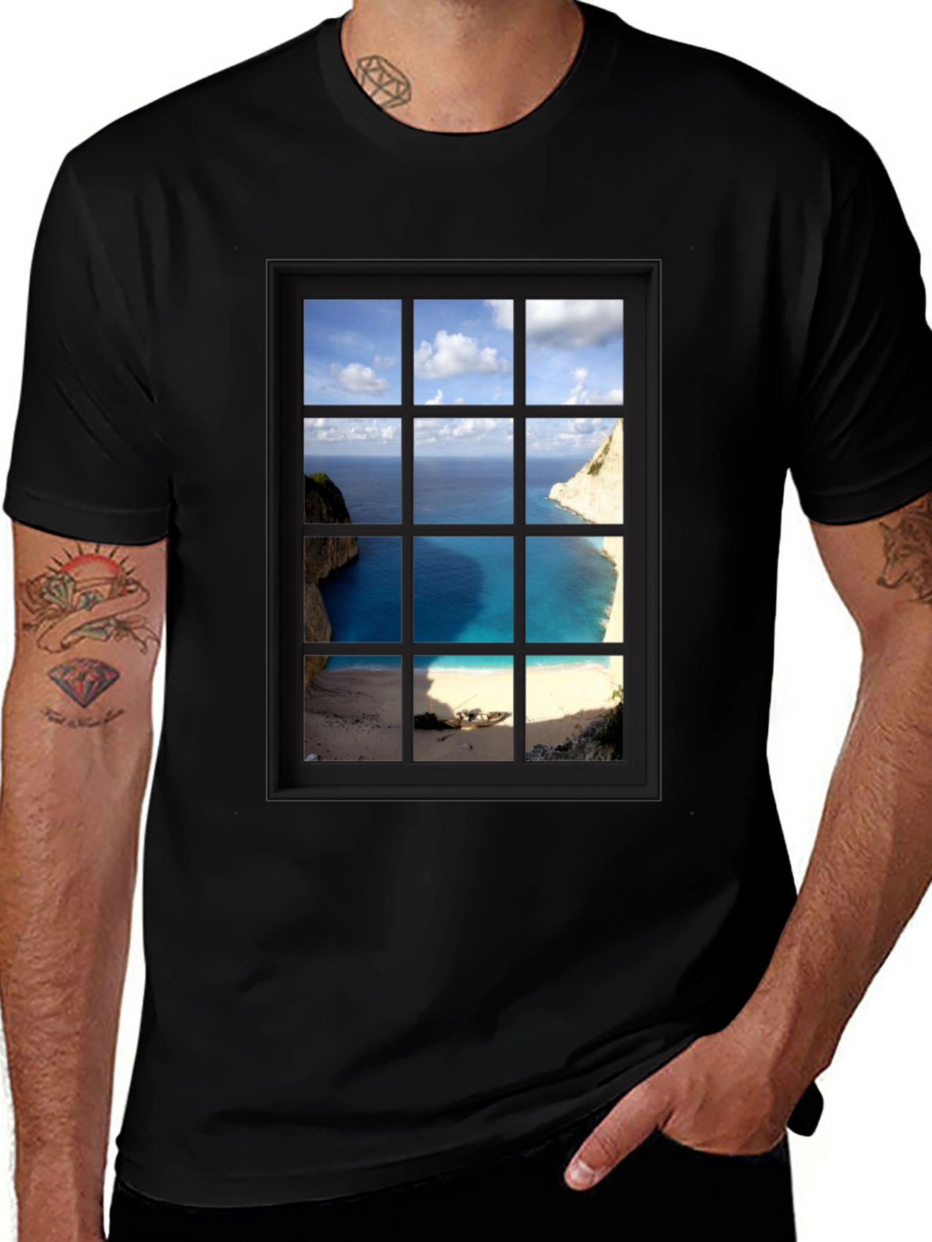 Coastal View Window Graphic Tee - Black Cotton T-Shirt