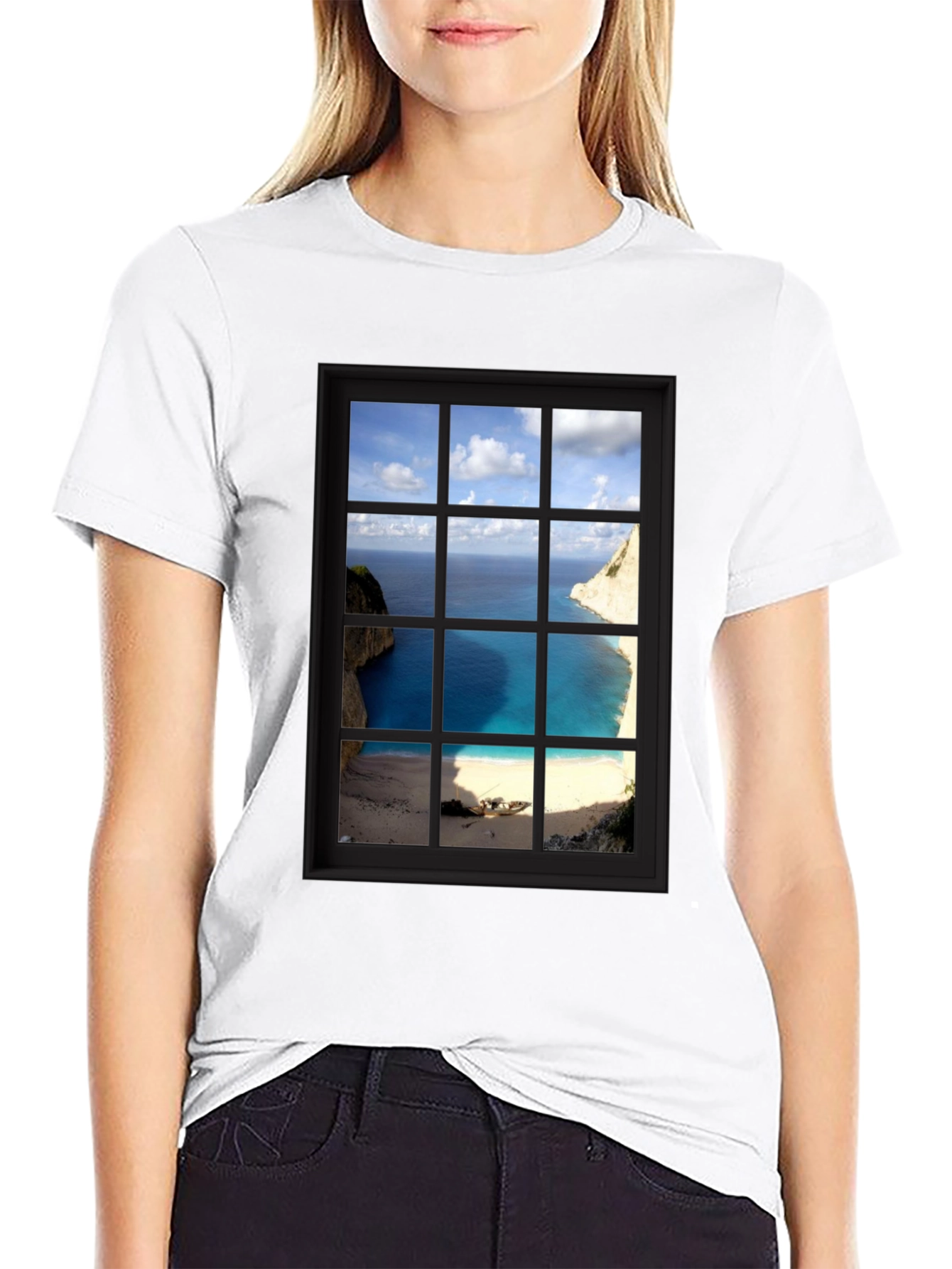 Coastal View Window Graphic Tee - Black Cotton T-Shirt