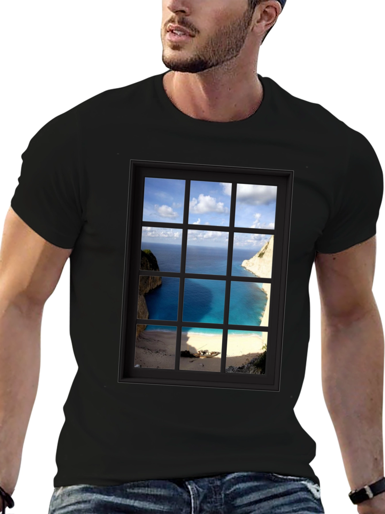 Coastal View Window Graphic Tee - Black Cotton T-Shirt