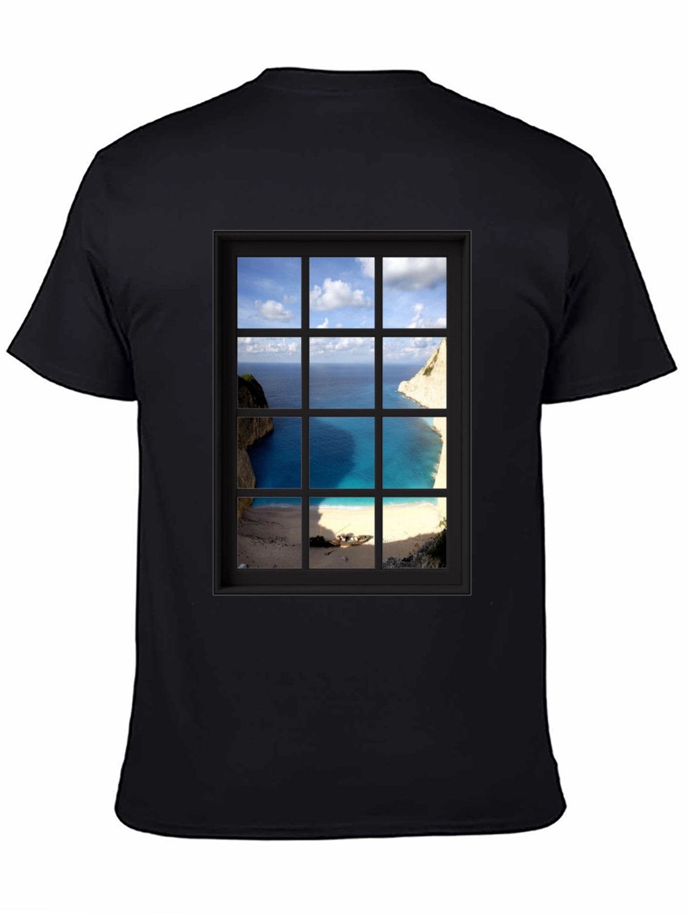 Coastal View Window Graphic Tee - Black Cotton T-Shirt