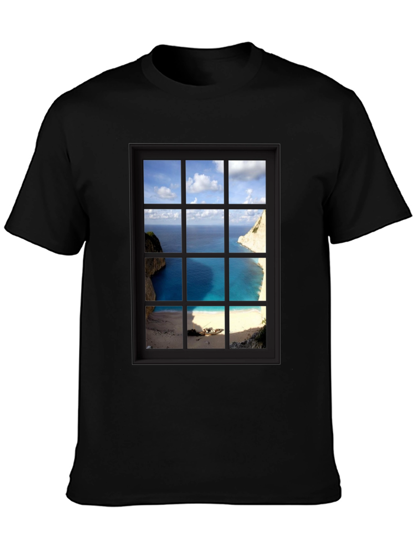Coastal View Window Graphic Tee - Black Cotton T-Shirt