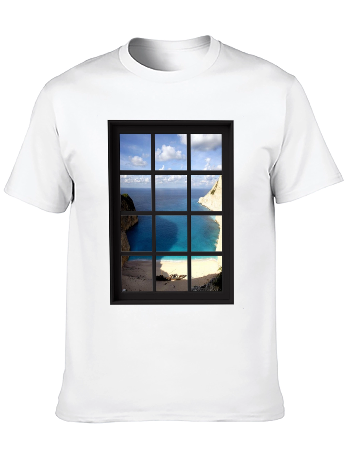 Coastal View Window Graphic Tee - Black Cotton T-Shirt