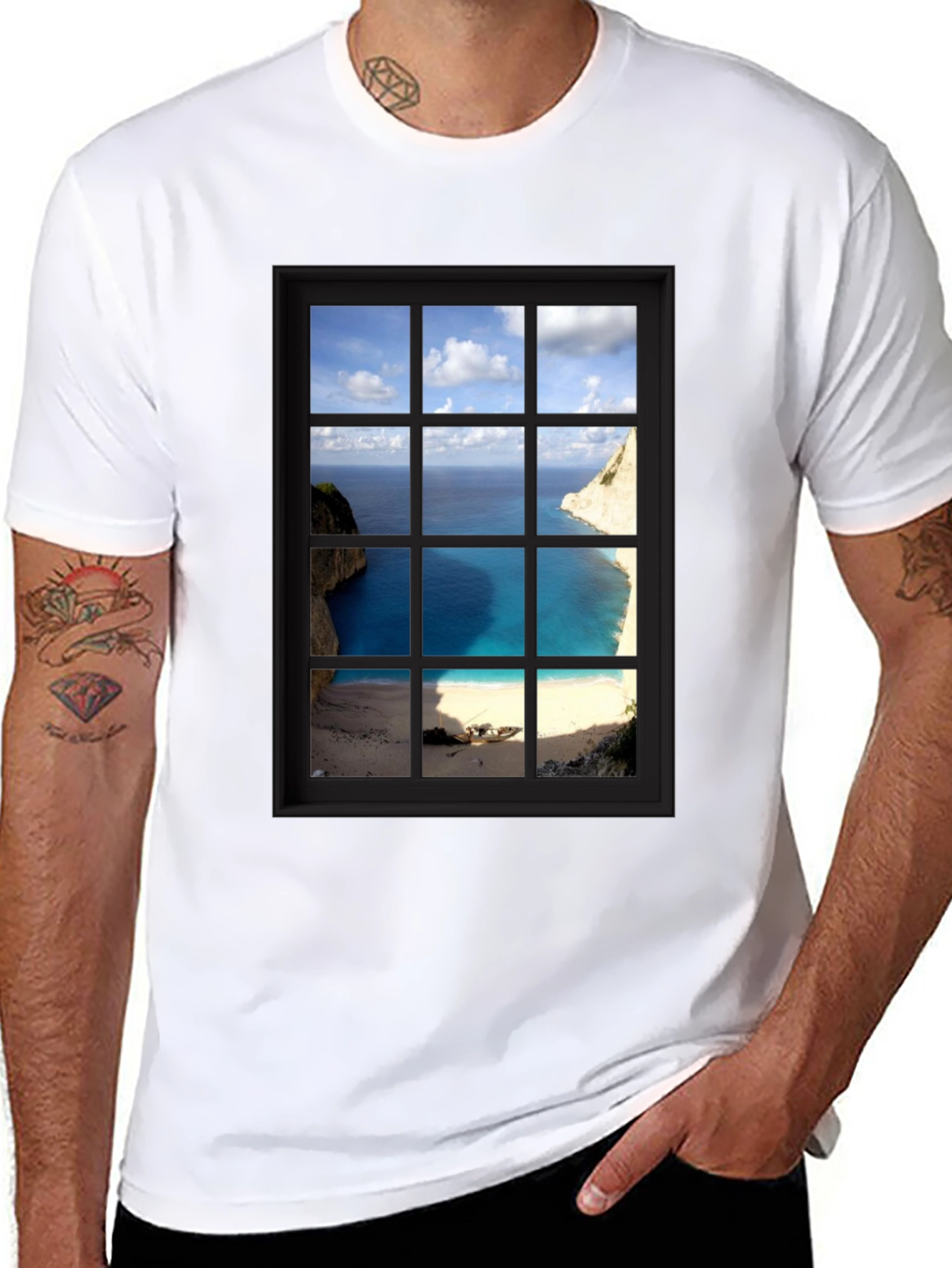 Coastal View Window Graphic Tee - Black Cotton T-Shirt