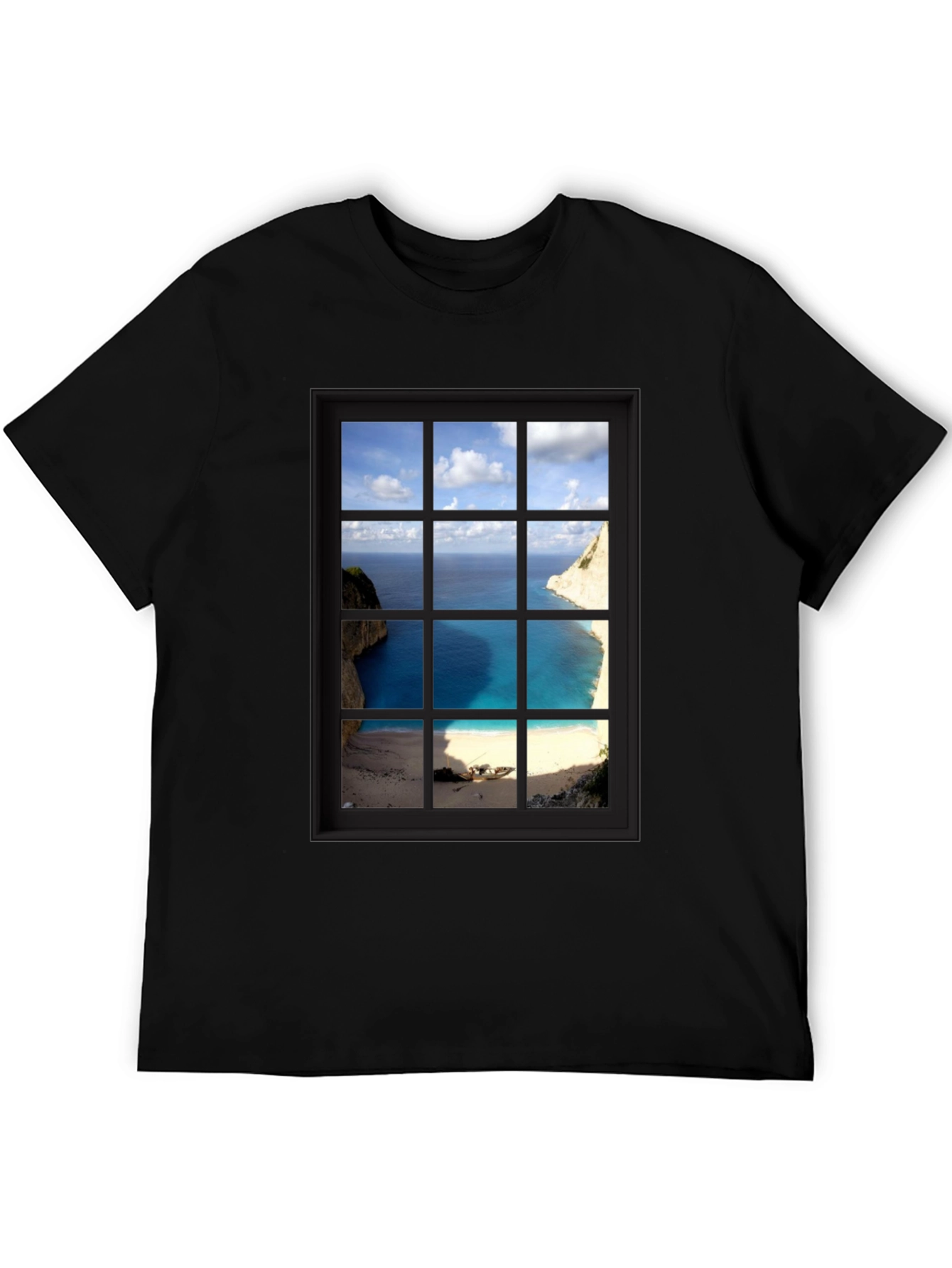 Coastal View Window Graphic Tee - Black Cotton T-Shirt