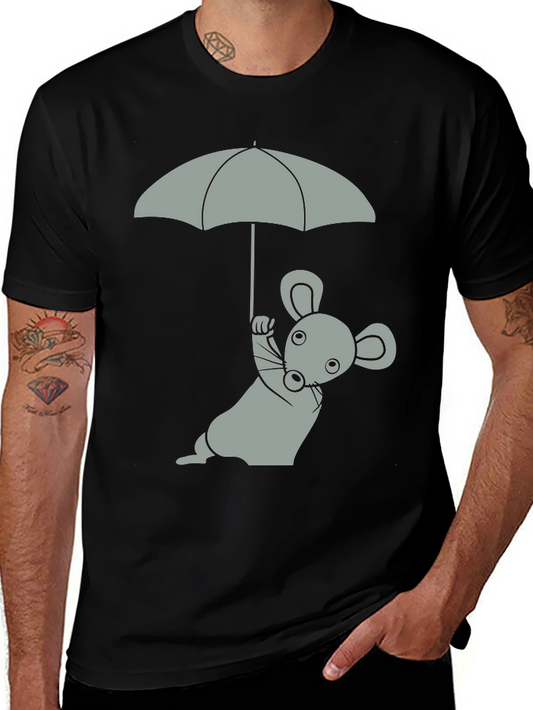 Whimsical Mouse & Umbrella Graphic T-Shirt - Black