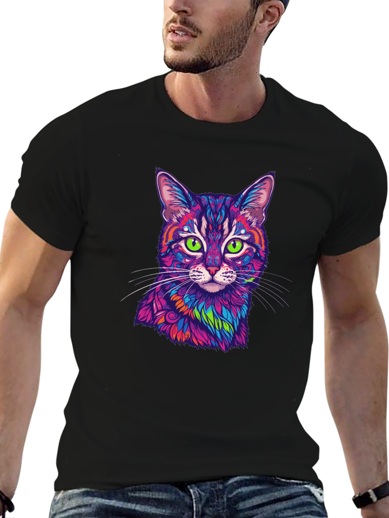 Vibrant Cat Graphic Tee - Mens Black T-Shirt
