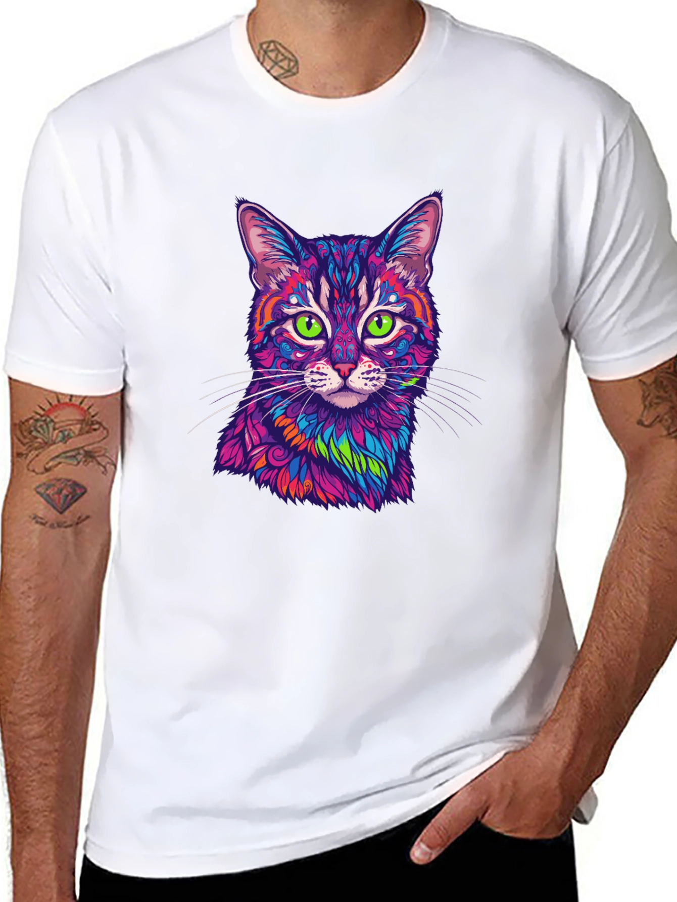 Vibrant Cat Graphic Tee - Mens Black T-Shirt