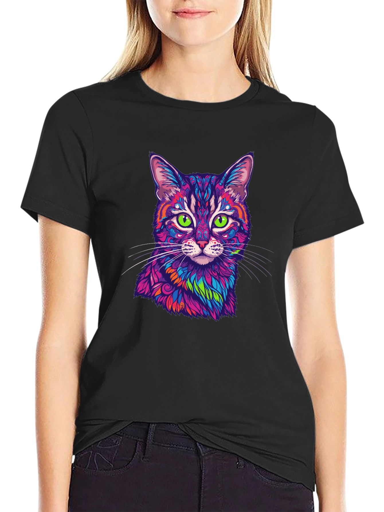Vibrant Cat Graphic Tee - Mens Black T-Shirt