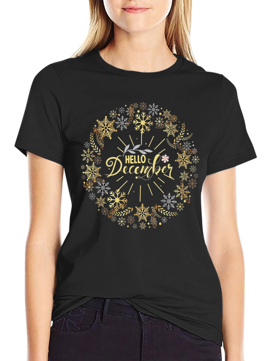 Hello December Snowflake Wreath Black T-Shirt