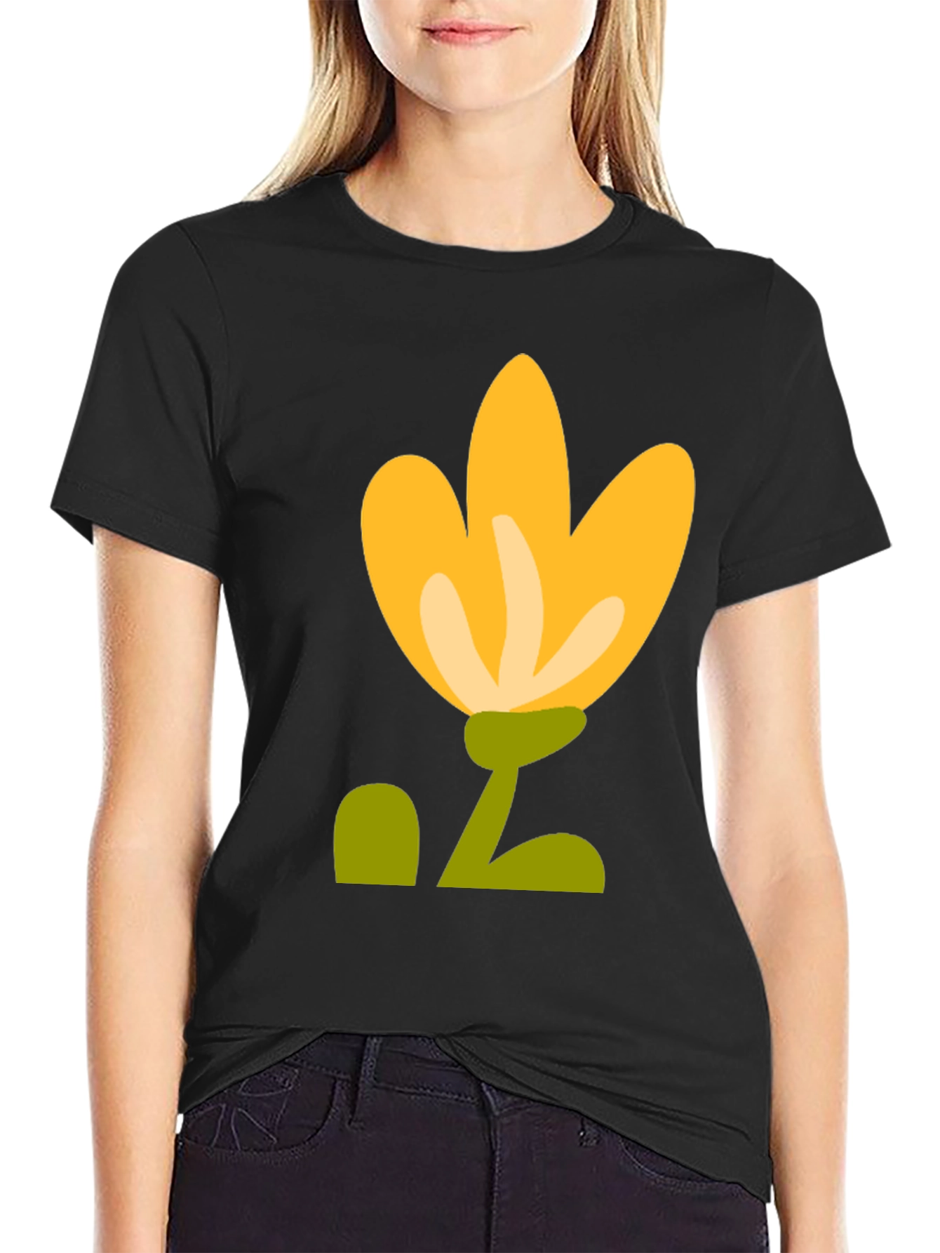 Black T-Shirt with Yellow Flower Graphic