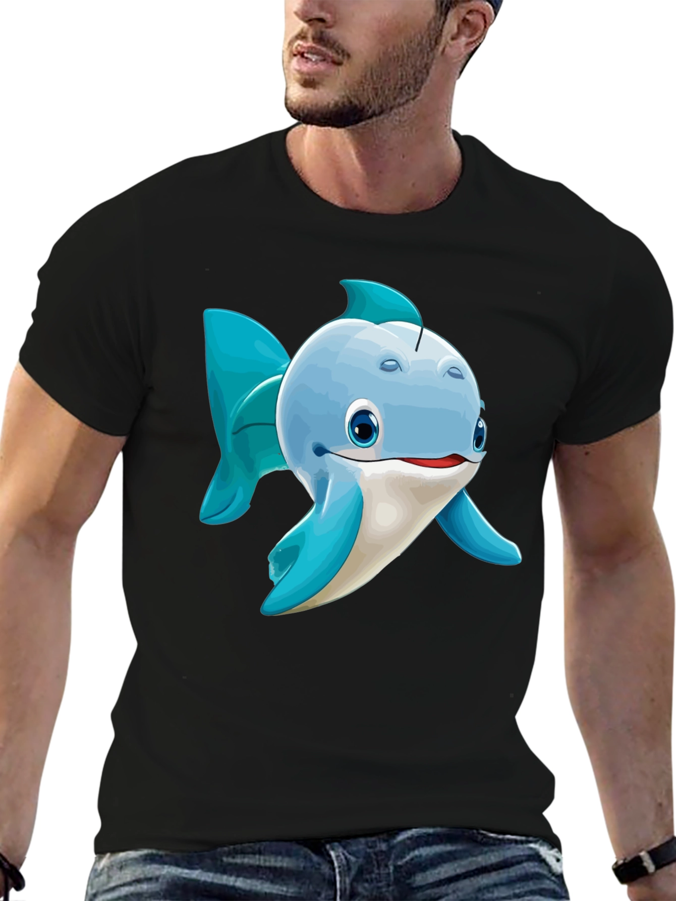 Cute Cartoon Blue Fish Graphic T-Shirt