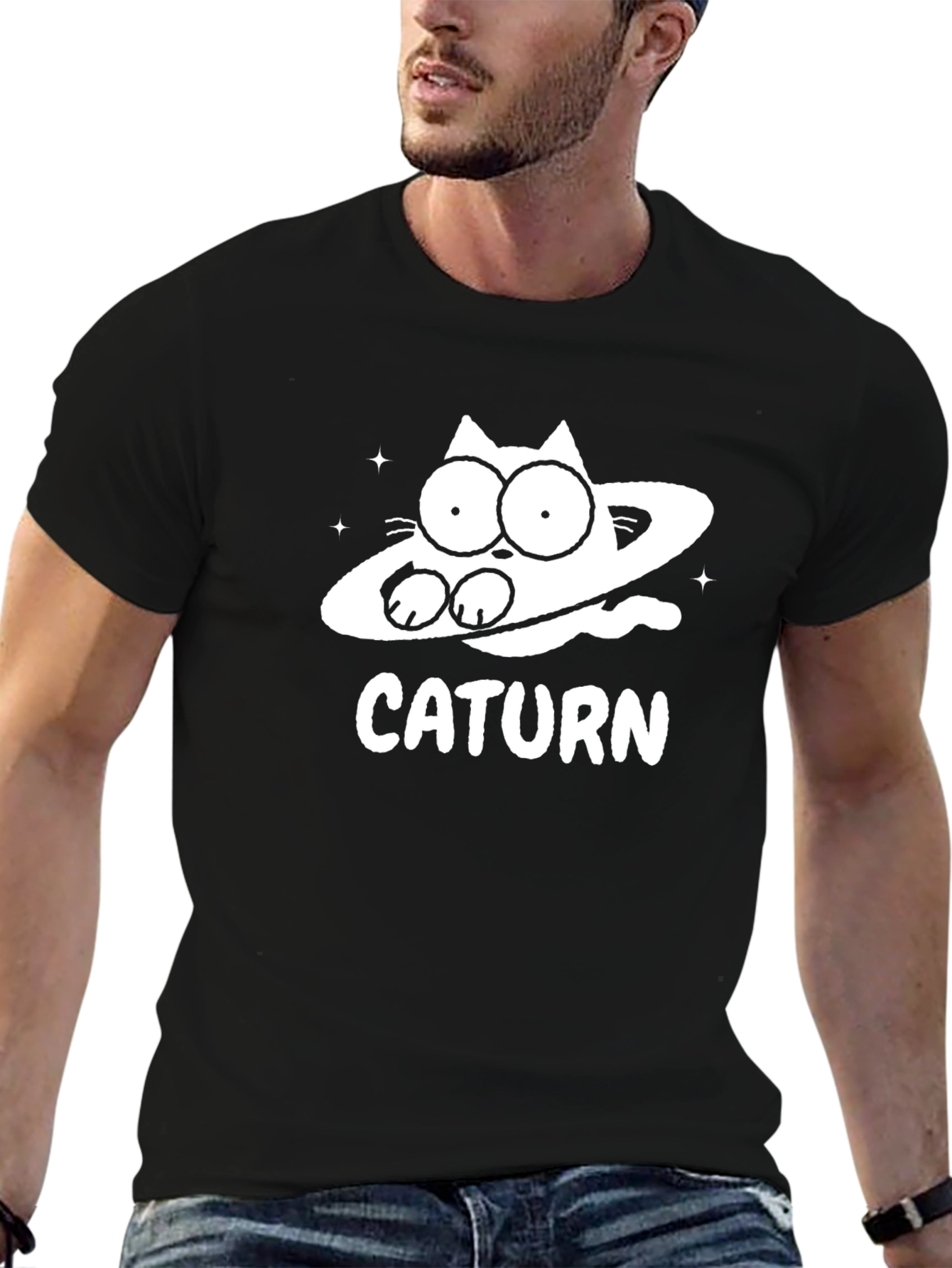 Caturn Black T-Shirt Funny Graphic Tee