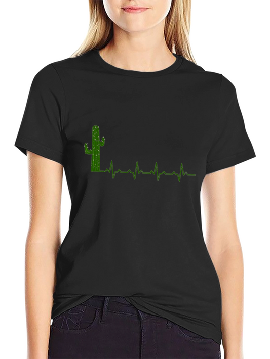 Cactus Heartbeat Graphic Tee - Black Cotton T-Shirt