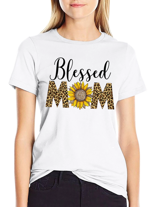 Blessed Mom Leopard Sunflower Graphic T-Shirt