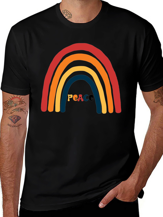 Retro Peace Rainbow Graphic Tee - Black Cotton T-Shirt
