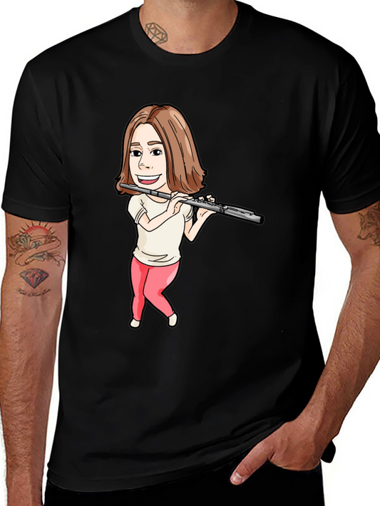 Flute Player Cartoon Black T-Shirt