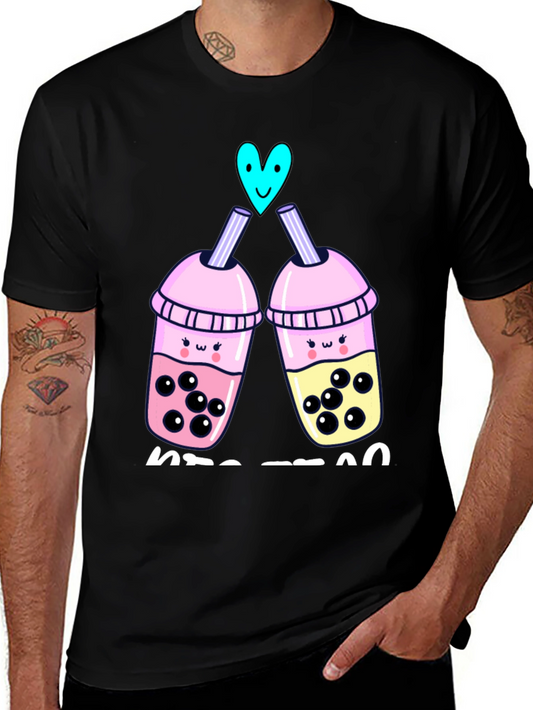 Cute Bubble Tea Graphic Tee - Black Cotton Blend Shirt