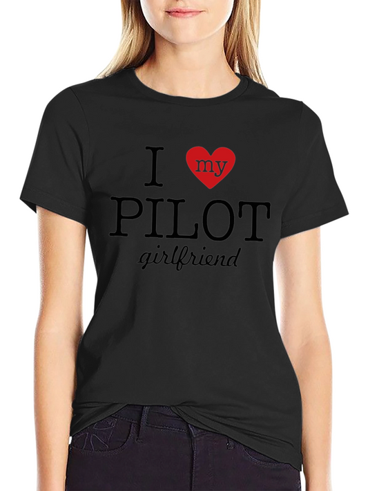 I Heart My Pilot Girlfriend T-Shirt - Black Crew Neck Tee