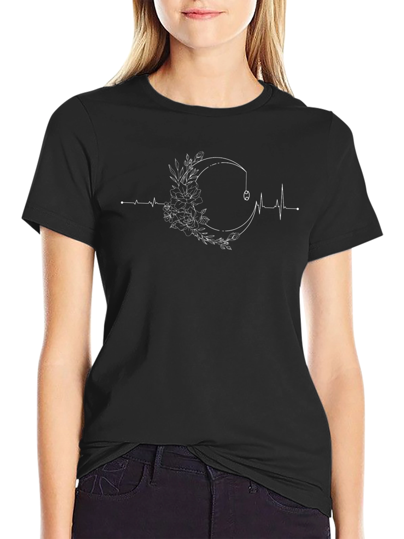 Floral Moon Fishing Line Graphic Tee - Black