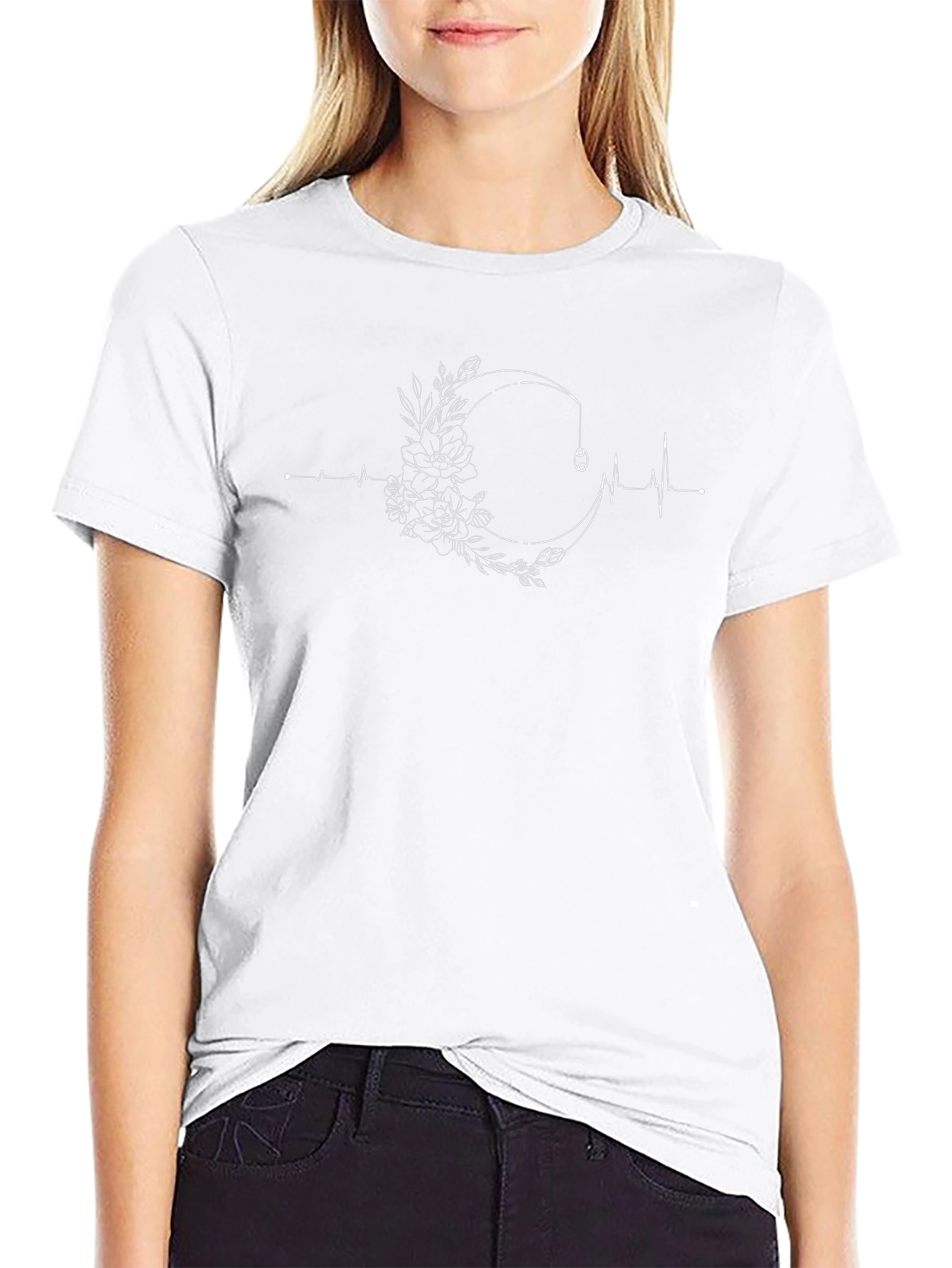 Floral Moon Fishing Line Graphic Tee - Black