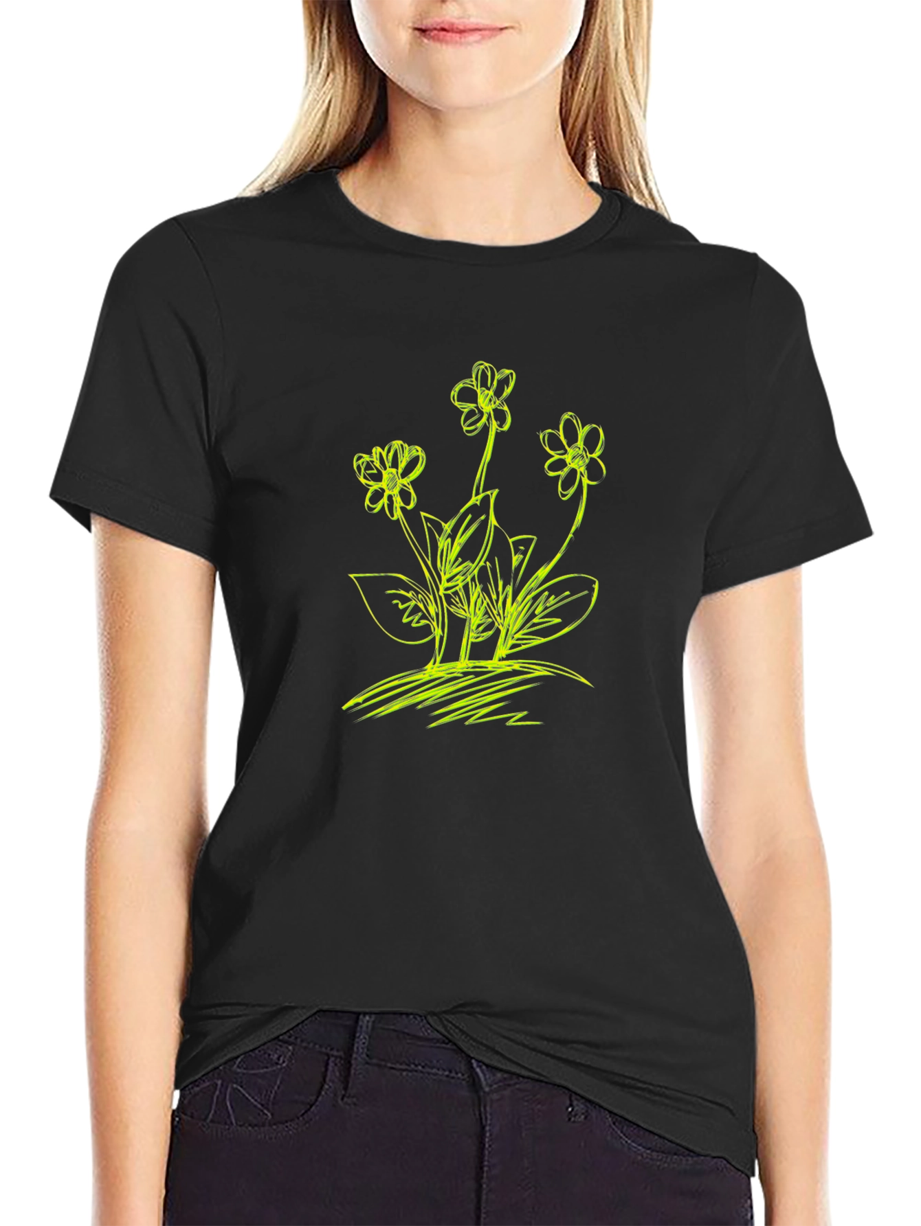 Floral Sketch Graphic T-Shirt - Black