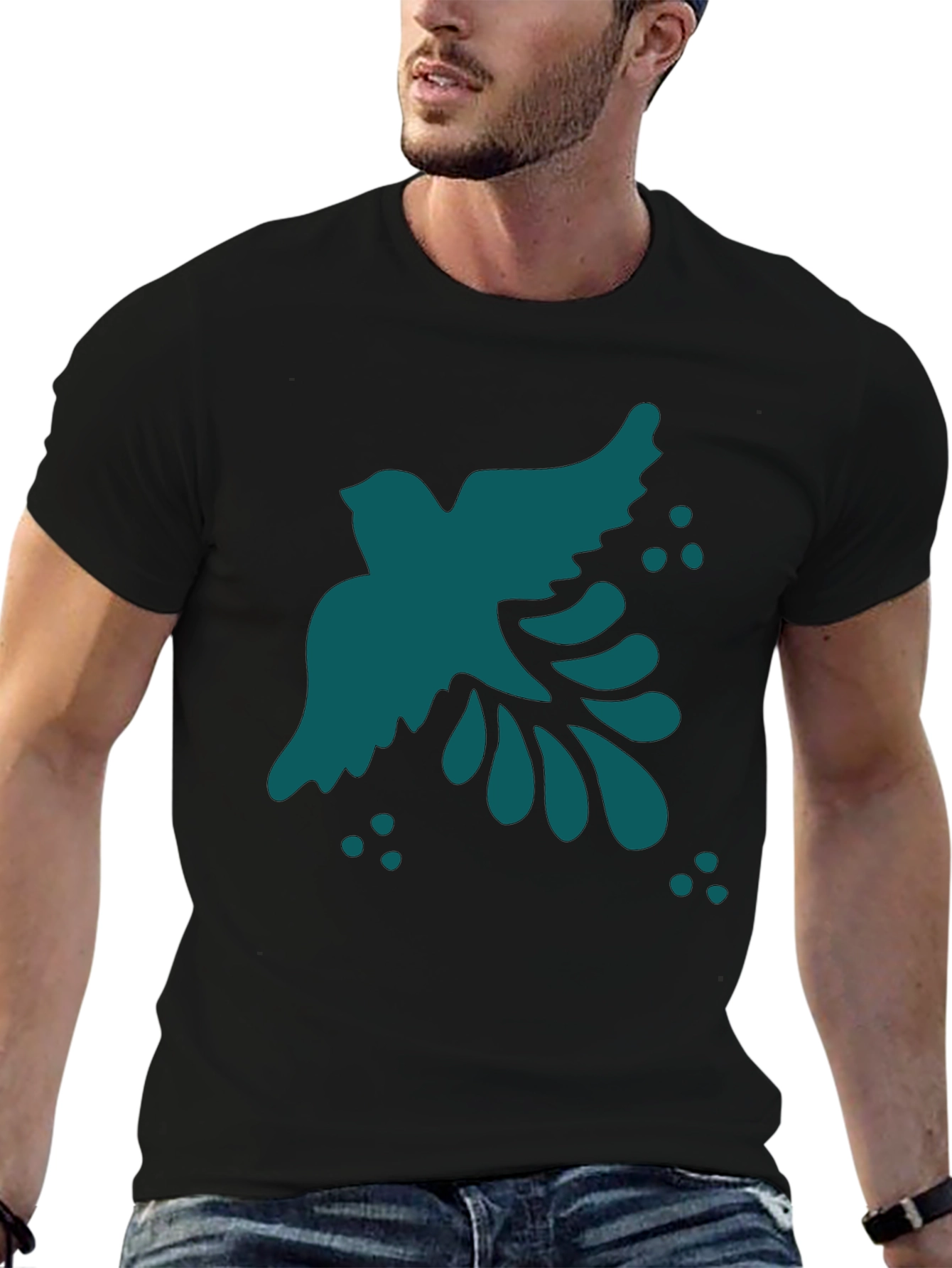Abstract Teal Bird Graphic Black T-Shirt